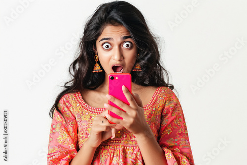 Young indian woman giving shocking expression after looking in the smartphone