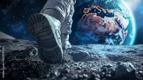 Space conquest and back to the moon race concept image with an astronaut walking on the moon and view of the earth in background