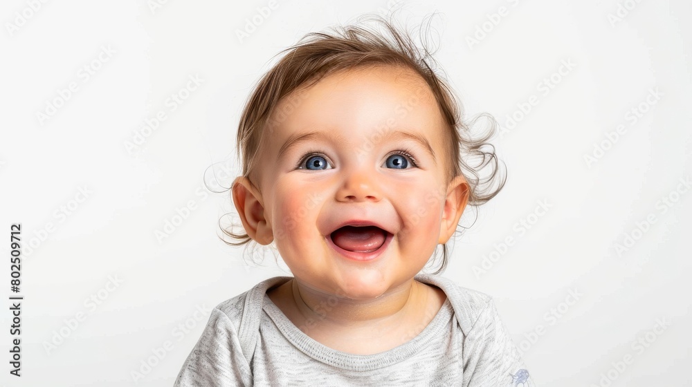 Joyful toddler with bright blue eyes and curly hair smiling happily Joyful toddler with bright blue eyes and curly hair smiling happily