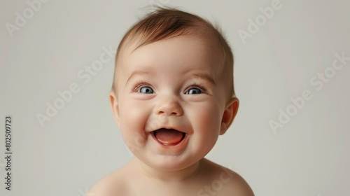 Joyful baby with radiant smile and sparkling eyes studio portrait photo
