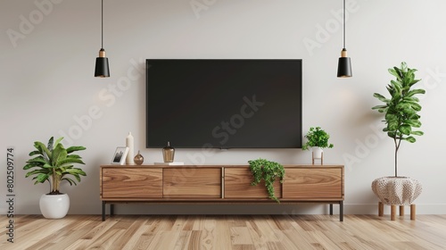 3D Mockup a TV wall mounted with decoration in living room and white wall.