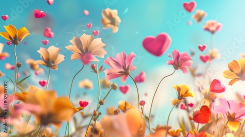 Colorful flowers and heart-shaped balloons floating in dreamy sky