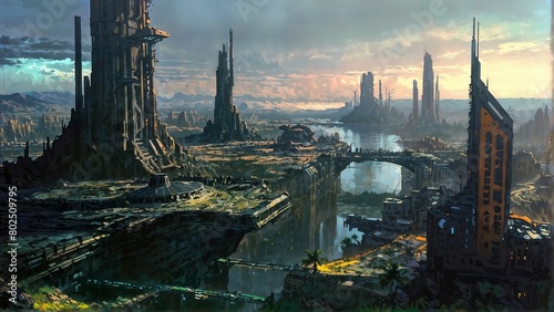 A painting depicting a modern cityscape with futuristic architecture situated by the water, showcasing a blend of advanced technology and urban development