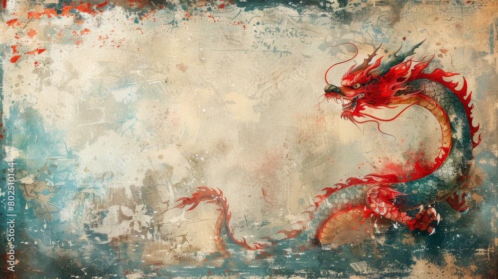 Obraz premium Ethereal Dragon Watercolor Painting in Red and Beige.