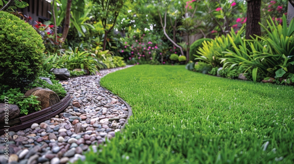 A lush green lawn with a rock border and a path