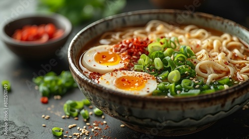 A bowl of ramen, emphasizing the perfectly cooked noodles, savory broth. AI generate illustration photo