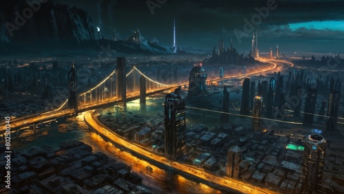 A futuristic cityscape illuminated at night with a prominent bridge in the foreground  showcasing modern architecture and urban development