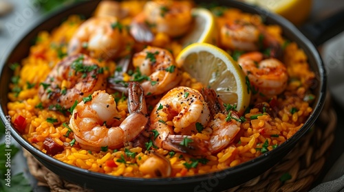 Paella with rice, seafood, meats with a focus on vibrant colors. AI generate illustration photo