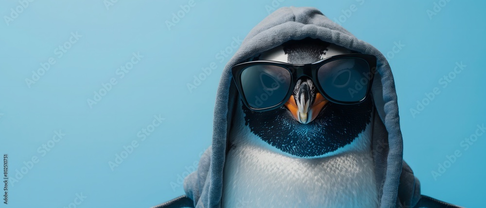 penguine with cool sunglasses, dark glasses, wearing hoodie, light blue background