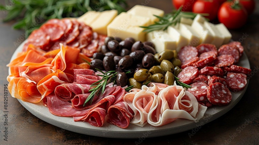 Italian cured meats, cheeses, olives, and pickled vegetables. AI generate illustration