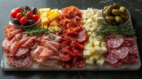 Italian cured meats, cheeses, olives, and pickled vegetables. AI generate illustration