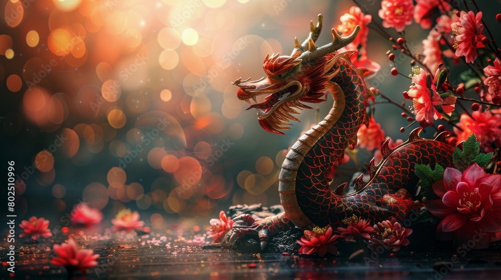 Elegant Red Dragon Amidst Floral Embellishments. Elegant Red Dragon Amidst Floral Embellishments.