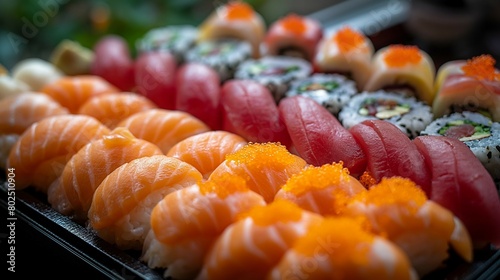 Sushi pieces, showcasing the artistry of nigiri and sashimi. AI generate illustration