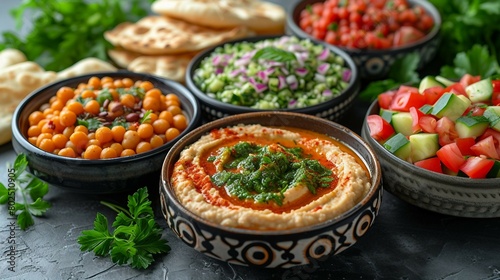 Turkish meze dishes, hummus, muhammara, and baba ganoush. AI generate illustration © PandaStockArt
