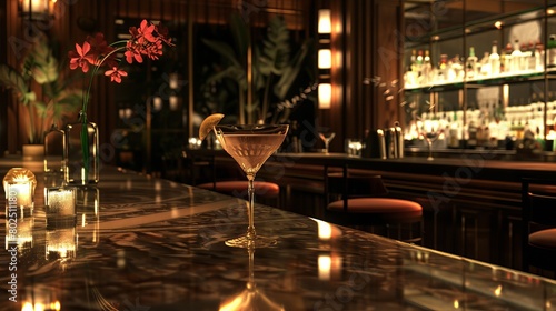 Cocktail Bar Setting: Place the drink on a polished bar counter with dim lighting and subtle reflections to capture the ambiance of a high-end cocktail bar. Generative AI photo