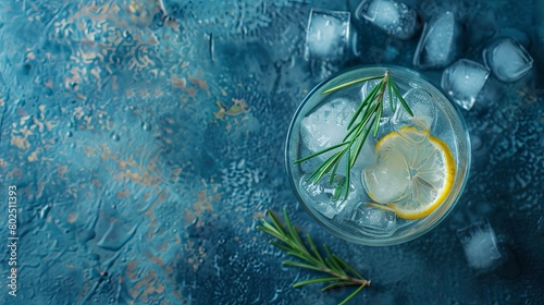Cocktail gin-tonic with ice, lemon, and rosemary in a frozen glass. A refreshing drink with juniper branches on a dark blue vintage background. Generative AI