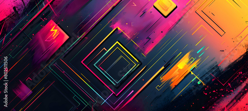 An image showcasing a complex geometric design featuring angular shapes and vibrant clashes of neon colors against a subdued background, giving an electric feel photo