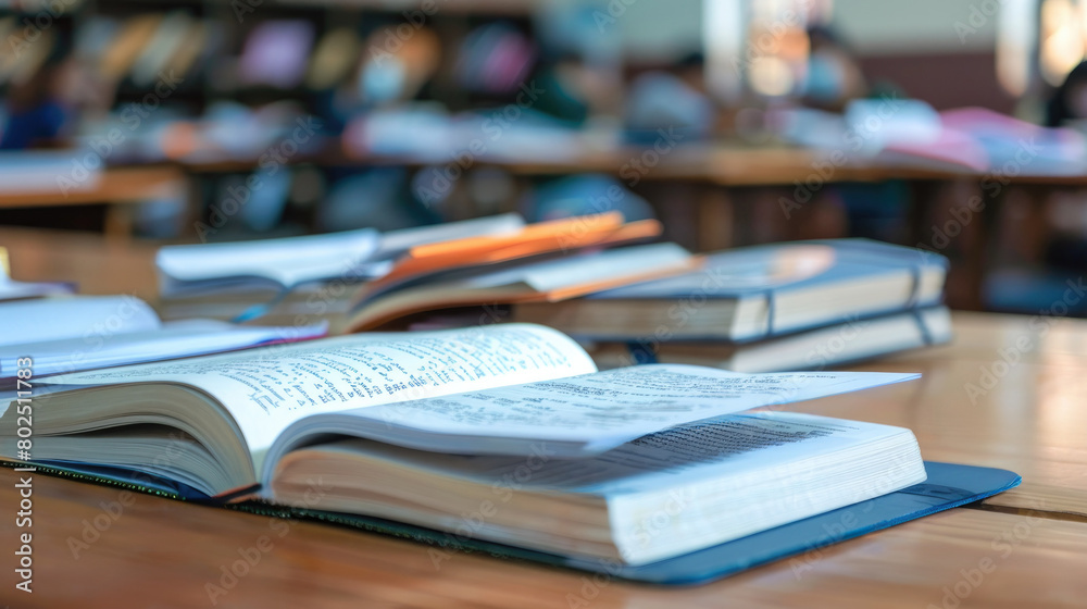 A table with open textbooks and notebooks, on which the wishes and signatures of classmates are visible. Blurred background with space for text A table with open textbooks and notebooks, on which the wishes and signatures of classmates are visible. Blurred background with space for text