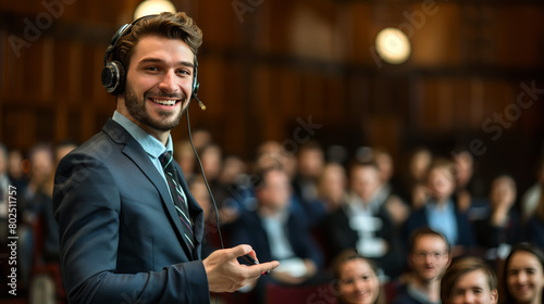 An institute for your future. Young male speaker in suit with headset and laser pointer smiling while giving a talk at business meeting, ecological forum photo