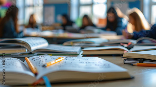 Wallpaper Mural A table with open textbooks and notebooks, on which the wishes and signatures of classmates are visible. Blurred background with space for text Torontodigital.ca