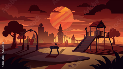 As the sun sets the playground becomes a haunting scene with exaggerated shadows lengthening and intertwining creating a spooky and ominous.