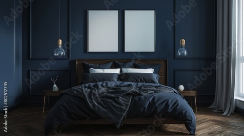 mockup frame, dark bed and dark blue wall in bedroom interior.