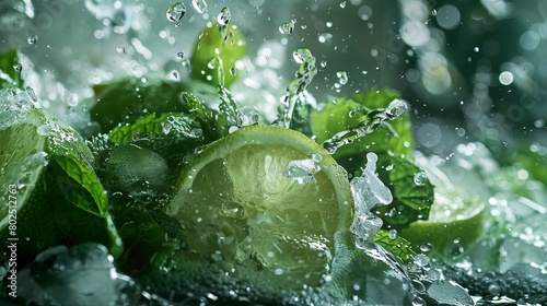 Frozen Motion: Freeze the moment when water droplets collide with mint leaves and lime slices, showcasing the intricate details and textures of each element. Generative AI