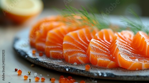 Gravlaks, cured salmon, showcasing thinly sliced salmon. AI generate illustration photo