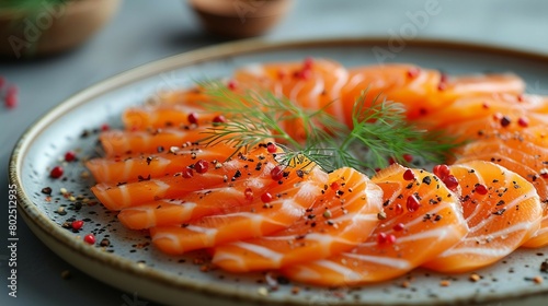 Gravlaks, cured salmon, showcasing thinly sliced salmon. AI generate illustration