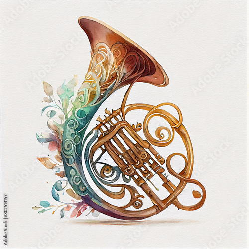 Floral Ornamental Watercolor Illustration of French Horn © mertingen