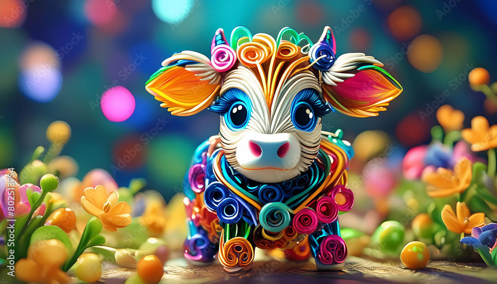 Fototapeta premium Cute colorful baby cow made of paperclips. Generative AI.