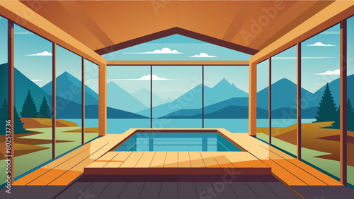 A spacious sauna with floortoceiling windows providing natural light and stunning views of the riverfront..