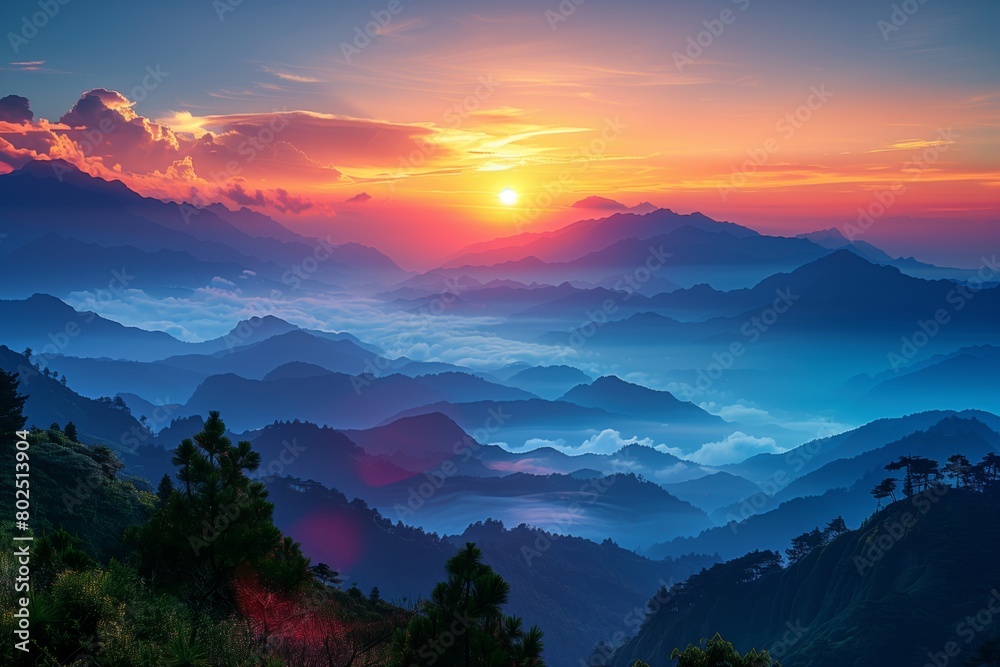 A breathtaking sunrise over mountain peaks with layered clouds and vivid colors