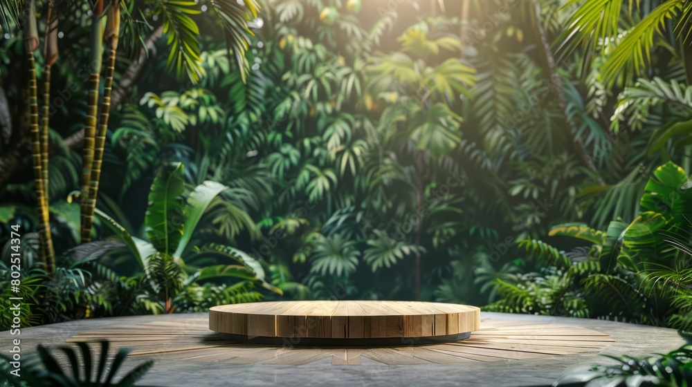 Product presentation with a wooden podium set amidst a lush tropical forest, enhanced by a vibrant green backdrop. Product presentation with a wooden podium set amidst a lush tropical forest, enhanced by a vibrant green backdrop.