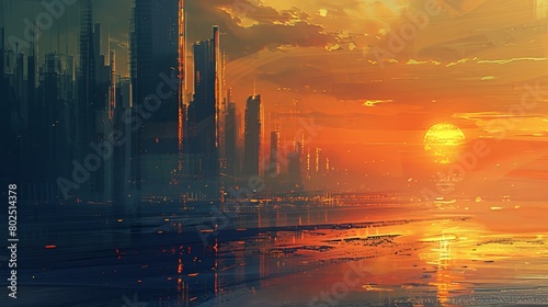 On the coast of the sea, through the skyscrapers, sunrise. Generative AI #802514378
