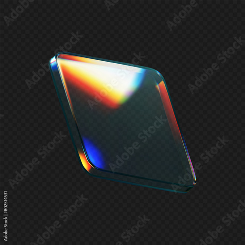 3d glass square shape with refraction and holographic effect isolated on black background. Render transparent crystal glass button with dispersion light, rainbow gradient. 3d vector illustration