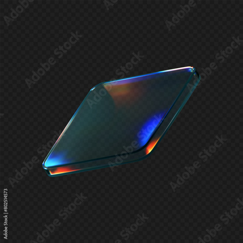 3d glass square shape with refraction and holographic effect isolated on black background. Render transparent crystal glass button with dispersion light, rainbow gradient. 3d vector illustration © janevasileva