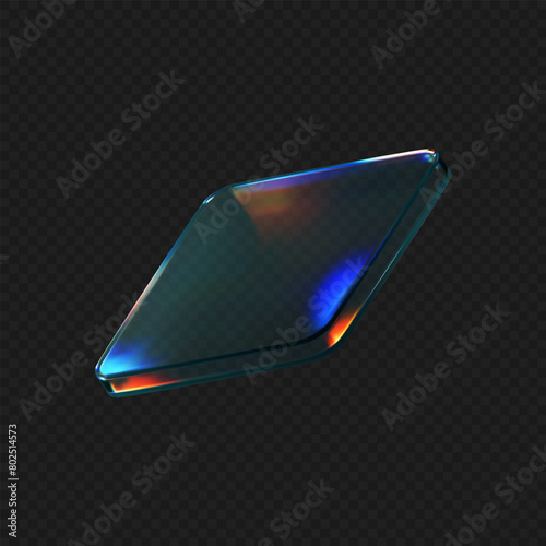 3d glass square shape with refraction and holographic effect isolated on black background. Render transparent crystal glass button with dispersion light, rainbow gradient. 3d vector illustration