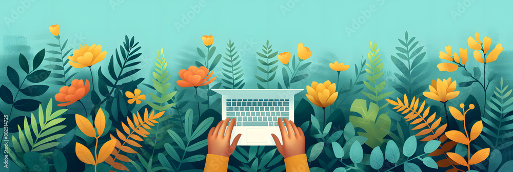 Focused worker typing away with minimal background and subtle business theme