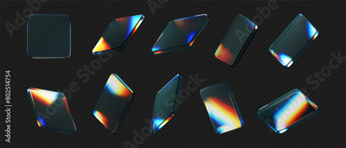 3d glass square shapes set with refraction and holographic effect isolated on black background. Render transparent crystal glass button with dispersion light, rainbow gradient. 3d vector illustration