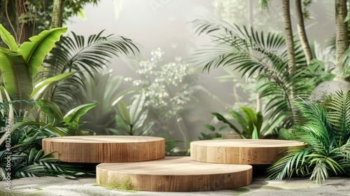 Product presentation with a wooden podium set amidst a lush tropical forest, enhanced by a vibrant green backdrop.