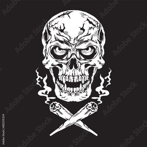 Stoned Skull face smoking joint vector illustration in hand drawn style