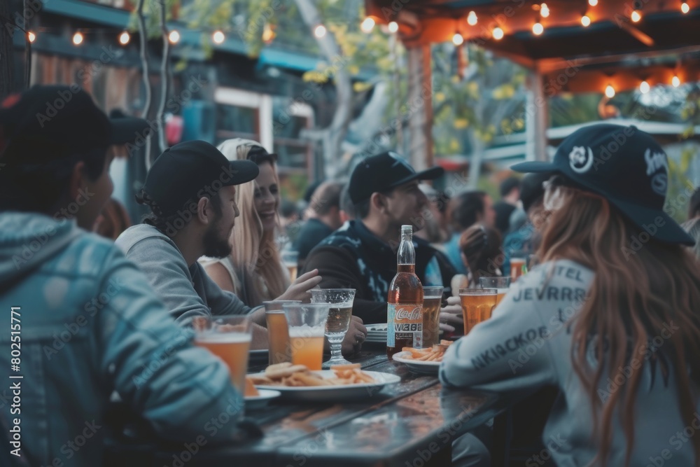 Unidentified people drink beer at outdoor restaurant in Bangkok, Thailand.