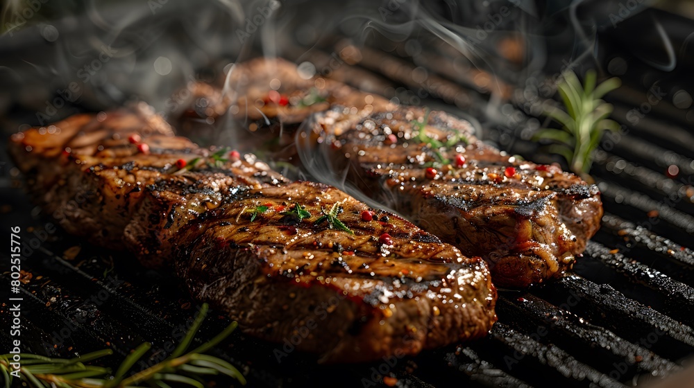 Thick, juicy steaks sizzling over an open flame on a grill