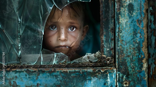 Hunger's Silent Grip: A chilling image of a malnourished child staring out of a broken window, highlighting the devastating impact of poverty on the most vulnerable. photo