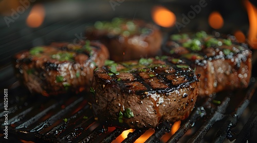 Thick, juicy steaks sizzling over an open flame on a grill