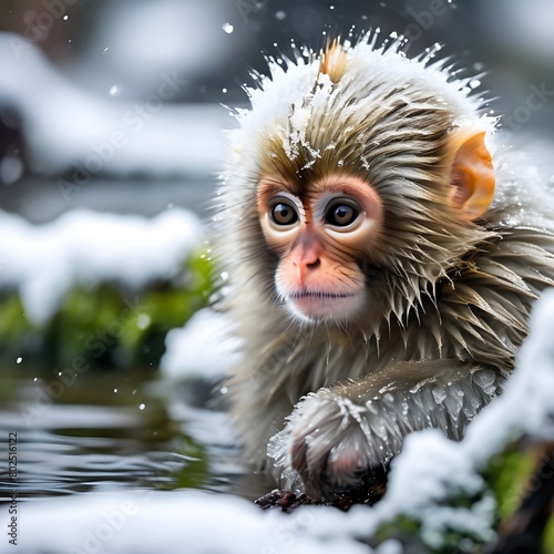 A Courageous Monkey Surviving a Snowy Winter by the Water. © Waqasiii_Arts 