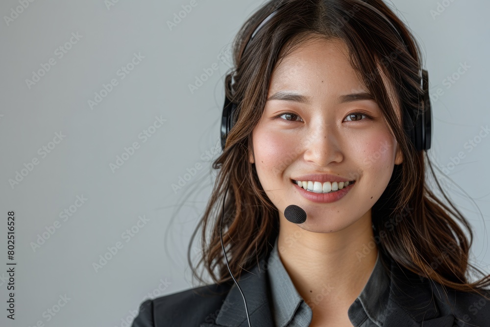 Smiling Customer Service Woman Wearing Headset in stufio background Smiling Customer Service Woman Wearing Headset in stufio background