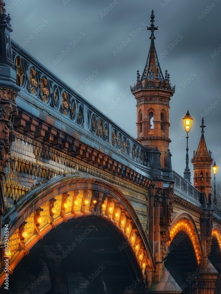 Ornate bridge with a gothic tower. AI.