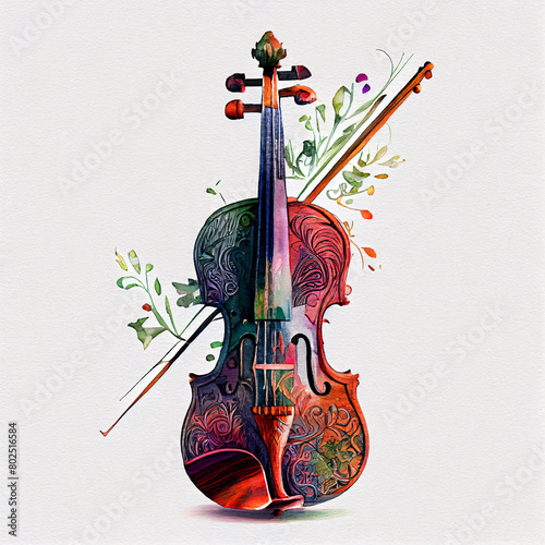 Floral Ornamental Watercolor Illustration of Violin © mertingen